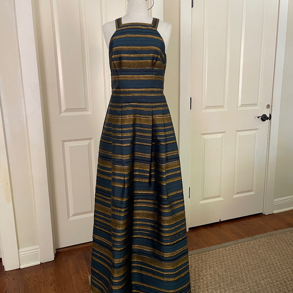 Kay Unger Navy and Gold Striped Halter Wedding Guest Gown